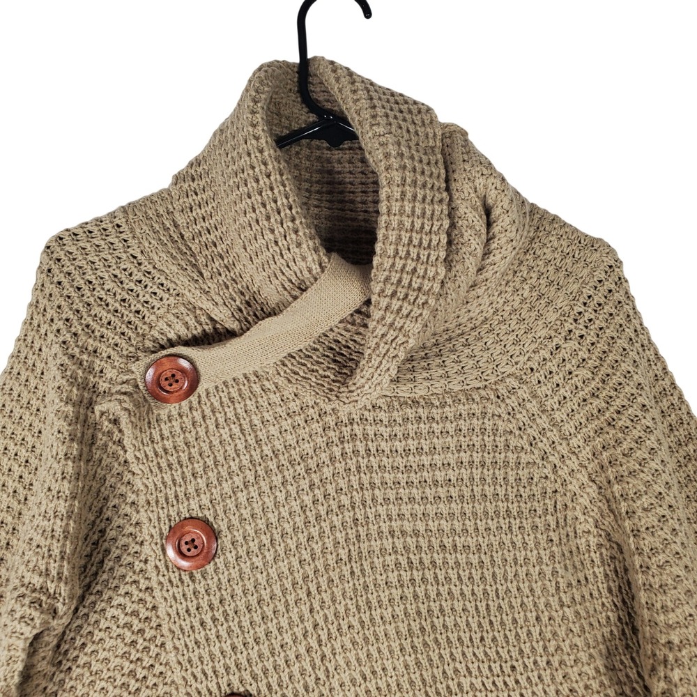 Grecerelle Womens Asymmetrical Button Cowl Neck Waffle Knit Sweater Tan Medium